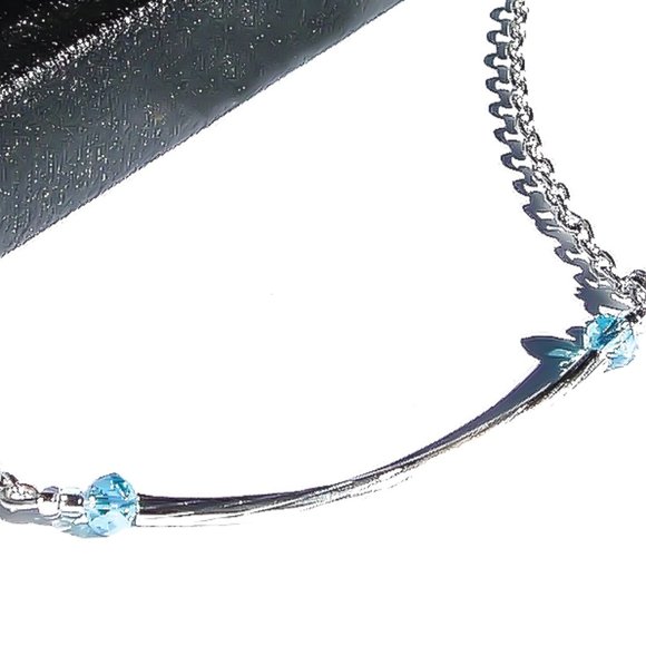Sky Blue Crystal Silver Tube Necklace/ Silver Bar Layering Chain Choker - Picture 2 of 4